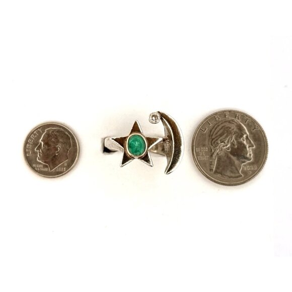 Sterling Silver Moon & Star Ring w/ Emerald & CZ Unique Celestial Statement - Picture 7 of 10